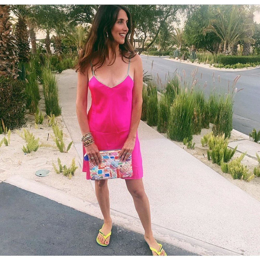 NWT Dannijo Acid Pink Lace-Trim Mini Slip Dress, Silk, Size Small - Picture 2 of 14